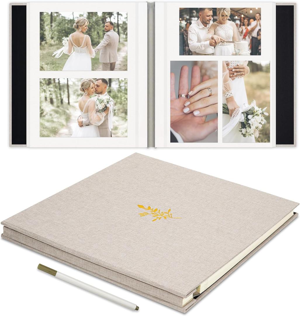 Remowith Self Adhesive Photo Album, Beige Scrapbook Album with DIY 40 Blank Pages, Wedding Photo Album with A Metallic Pen for 4x6 5x7 2x3 Pictures, 10.6"x11"