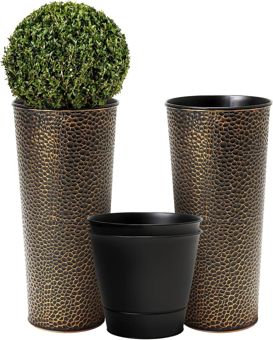 Worth Garden 2-Pack 25" H. Metal Planter with 2X Inside Pots - Hand-Hammered Texture Tall Cone Plant Pots - Large Handcrafted Black Flower Pot for Indoor Outdoor, Deck, Patio, Front Porch (Bronze) (25" Height)