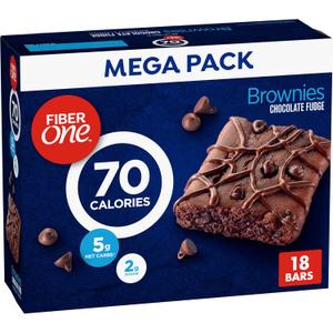 Fiber One 70 Calorie Chocolate Fudge Brownies, Mega Pack, 18 ct, 16 oz | 26% Daily Value of Fiber per Bar, 70 Calories & 2g Sugar, 5g Net Carbs, Bulk Pack for Office or Pantry Stocking (EXP 02/28/27)