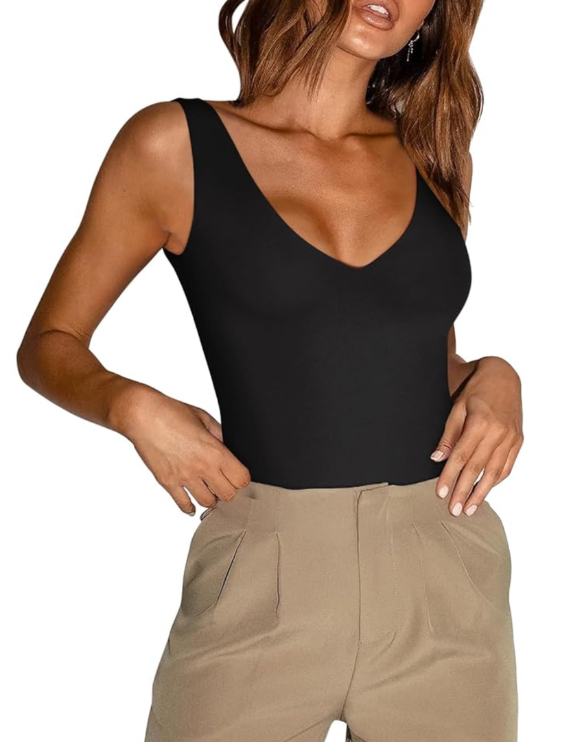 REORIA Butsmooth® Women’s Trendy Sexy Plunge Deep V Neck Sleeveless V Backless Going Out Tank Bodysuits Tops, Small
