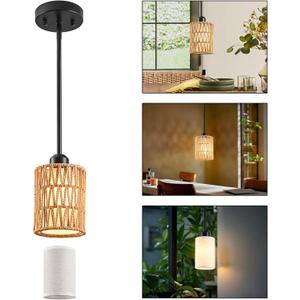 Rattan Pendant Light, 6 Inch 2-in-1 Boho Hanging Fixture with Iron Rods & Linen Shade, Adjustable Height & Sloped Ceiling Compatible for Kitchen Island Dining Room Farmhouse Bedroom, 1 Pack