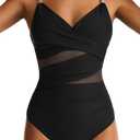 Women Mesh One Piece Swimsuit Tummy Control Sexy Bathing Suits V Neck Push Up Swimsuits Slimming Swimwear (Black, L)