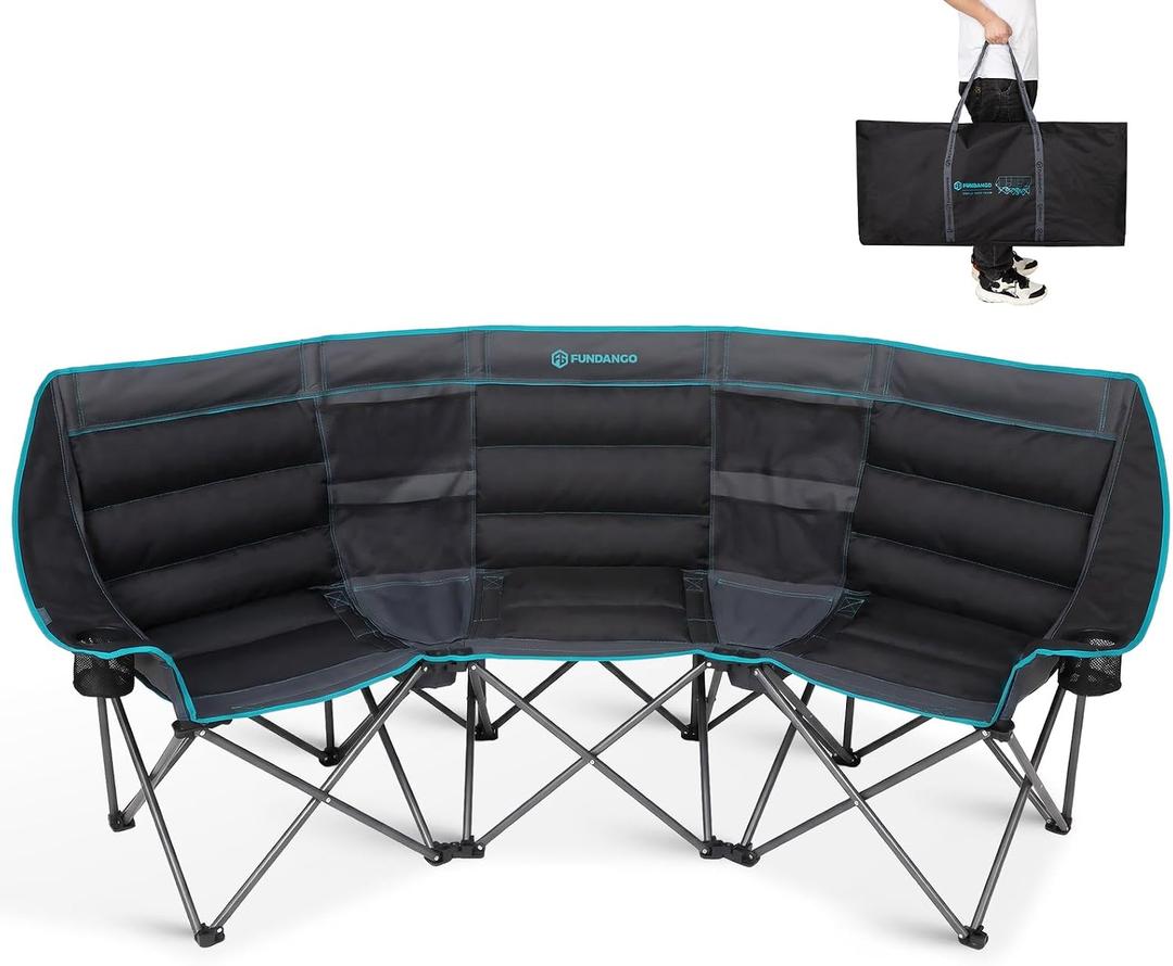 FUNDANGO Extra Wide 3 Person Camping Chair for Adults with Cooler, 1000 LBS Heavy Duty Oversized Camp Couch, Padded Folding Seat with Cup Holders for Outdoor, Sports & Lawn