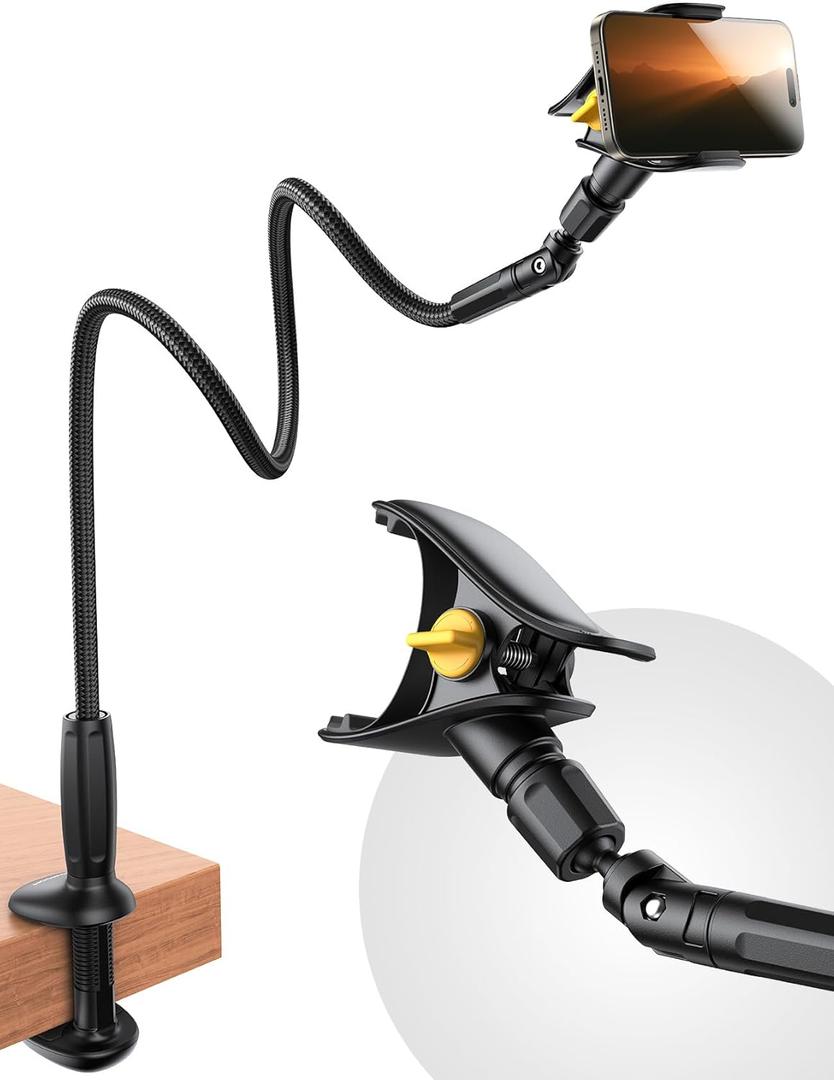 JOYROOM Gooseneck Phone Holder for Bed, [Upgrade Safety Lock] Flexible Long Arm Phone Stand, 720 Adjustable Desk Clamp Clip Phone Mount for iPhone 16 & All 4-7" Devices