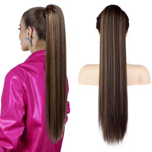 SEIKEA 28" Drawstring Ponytail Extensions Long Straight Fake Pony Tail Natural Soft Clip in Hair Extension Synthetic Heat Resistant Hairpiece - Chocolate Brown with Caramel Blonde Highlights