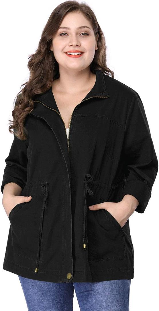 Agnes Orinda Women's Plus Size Anorak Jacket Lightweight Utility Drawstring Waist Casual Outfits Jackets with Pockets (3X, Black)