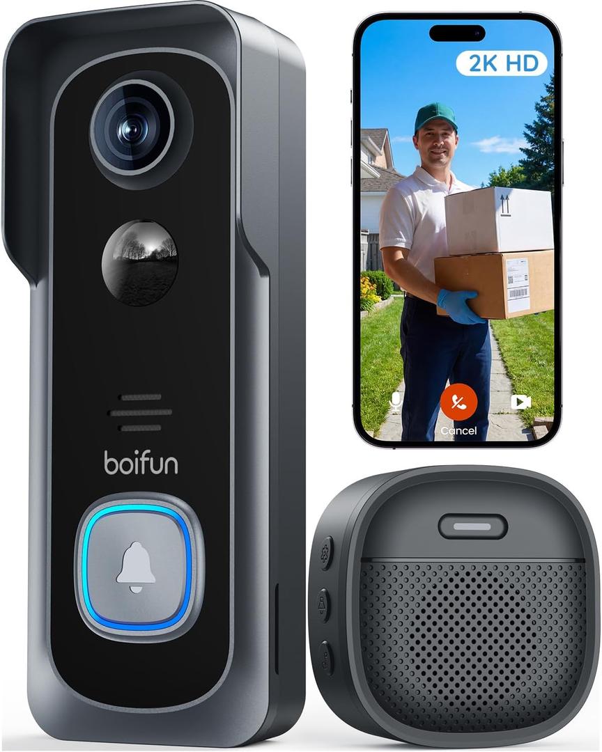 BOIFUN Video Doorbell Camera Wireless No Subscription Required, 2K HD, 166 Wide View, HDR Night Vision, Motion Alerts, TwoWay Audio & Battery Video Doorbell with Chime, 2.4GHz WiFi Only