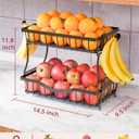 Large 2 Tier Fruit Basket for Kitchen Counter with 2 Banana Hangers, Metal Fruit Bowl with Protection Mats for Vegetable Bread Snack, Black, 14.5" W x 9.5" D