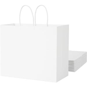 SUNCOLOR White Gift Bags with Handles, Large 13x10x5.5 Inch, 25 Pack, for Birthday, Wedding, Retail, Shopping