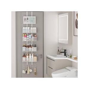 Hongtamoya Adjustable Over The Door Organizer, Hanging Door Storage with PVC Pocket and 4 Metal Baskets Wall Mount, Closet Door Organizer Behind Door Rack for Bathroom Bedroom Closet, White