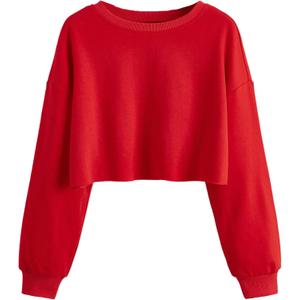 SweatyRocks Women's Casual Long Sleeve Raw Hem Pullover Crop Tops Sweatshirts (Red, S)