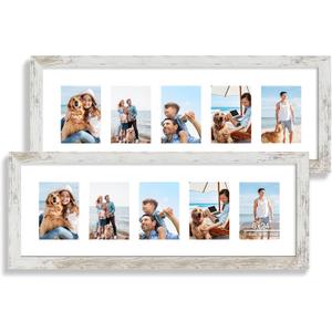 Hongkee 8x24 Picture Frame 2 Pack, Distressed White Wood Frame with Tempered Glass, Display Pictures Multiple Five 4x6 With Mat or 8 x 24 Without Mat - Horizontal or Vertical Wall Mounting, 8x24 in matted to 5-4x6