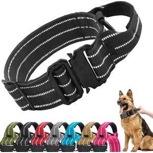 Tactical Dog Collar, Adjustable Military Training Reflective Nylon Dog Collar with Control Handle, Heavy Duty Metal Buckle for Medium and Large Dogs(M, Black)
