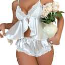 Women's 2 Piece Lingerie Set Floral Lace Tie Back Satin Bow Front Lingerie Pajama Set Sleepwear (Small, White)