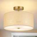 13" Boho Woven Rattan Ceiling Light Fixture, 3-Light Semi Flush Mount Modern Drum Lamp with Beige Fabric Shade, Rustic Lighting for Bedroom, Living Room, Dining Room, Hallway and Entryway