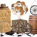 Weekgrat Western Cowboy Party Decor Hay Bales Boxes Cowhide Rug Wine Barrel Wooden Wagon Wheel Cowboy Balloons for Birthday Wild West Party Supplies Farm Decoration