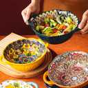 XKXKKE 5 Pack Boho Ceramic Serving Bowls with Handles, 40 Oz Porcelain Salad Bowls, Large Serving Dishes for Entertaining, Mixing Bowls for Soup, Stew, Pasta, Cereal, Colorful Embossed Cute Bowls Set