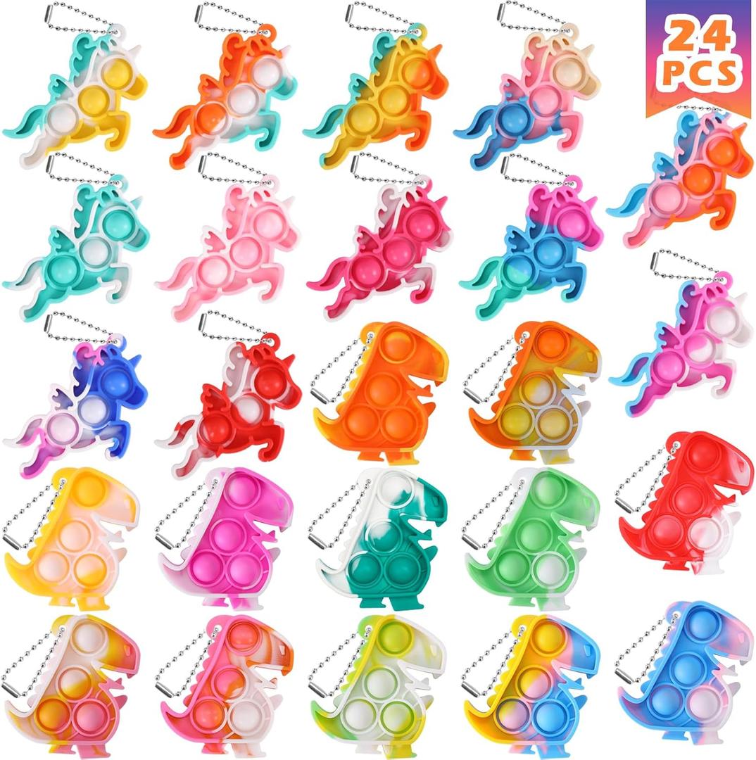 24 Pack Unicorn Dinosaur Party Favors for Kids Goodie Bags Stuffers Pop Fidget Toys Bulk Its,Unicorn Toys Pinata Stuffers Birthday Party Favors Small Kids Mini Classroom Prizes Pop Keychain It