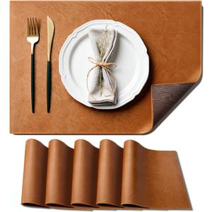 Brown Faux Leather Placemats Set of 6, Waterproof Kitchen Coffee Table Mats for Dining, Reversible PU Placemats in Crazy Horse Look, Oilproof Wipeable Bridle Leather Placemat for Office 12x18 Inch