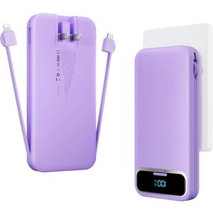 12000mAh Lightweight-Portable-Charger-Power-Bank with Built-in Cables and AC Wall Plug, PD20W USB-C Fast Charging Battery Pack, LED Display External Travel Phone Charger for All iPhone,Samsung,Android (Purple)