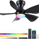 Ceiling Fans with Lights and Remote/APP Control, 30 inch Low Profile Ceiling Fans with Dimmable White Colors and RGB Lighting, 6 Speeds 5 Curved Blades for Kids Room Bedroom Bar, Black