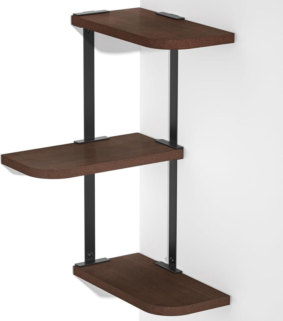 Love-KANKEI Corner Shelf Wall Mount of 3 Tier Rustic Wood Floating Shelves for Bedroom Living Room Bathroom Kitchen Office and More Dark Walnut