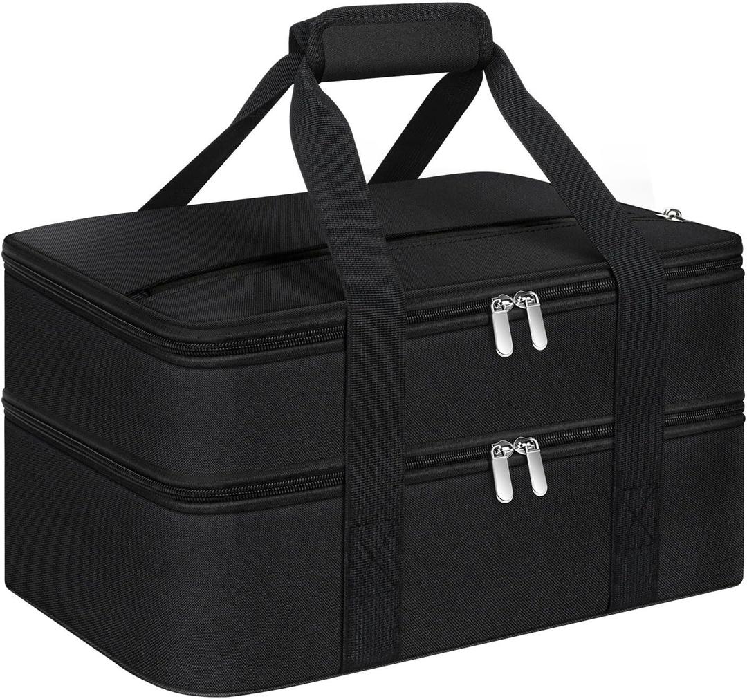 Double Insulated Casserole Carrier, Portable Casserole Carrier for Hot or Cold Food Lunch Tote Warmer or Cooler Bag, Lasagna Lunch Bag for Potluck Parties- Fits 9" x 13" Baking Dish-Black (16x10x7.2 in)