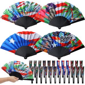 12 Pcs Puerto Rican Gifts Fabric Puerto Rico Flag Hand Fans Bulk Tropical Island Flag Backdrop Night Moon Castle Flowers Caribbean Culture Handheld Fan for Rico Party Decoration