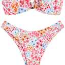 ZAFUL Women's Bandeau Bikini O Ring Strapless Tie Back High Cut Two Piece Swimsuit Bathing Suits (5-Floral Pink, S)