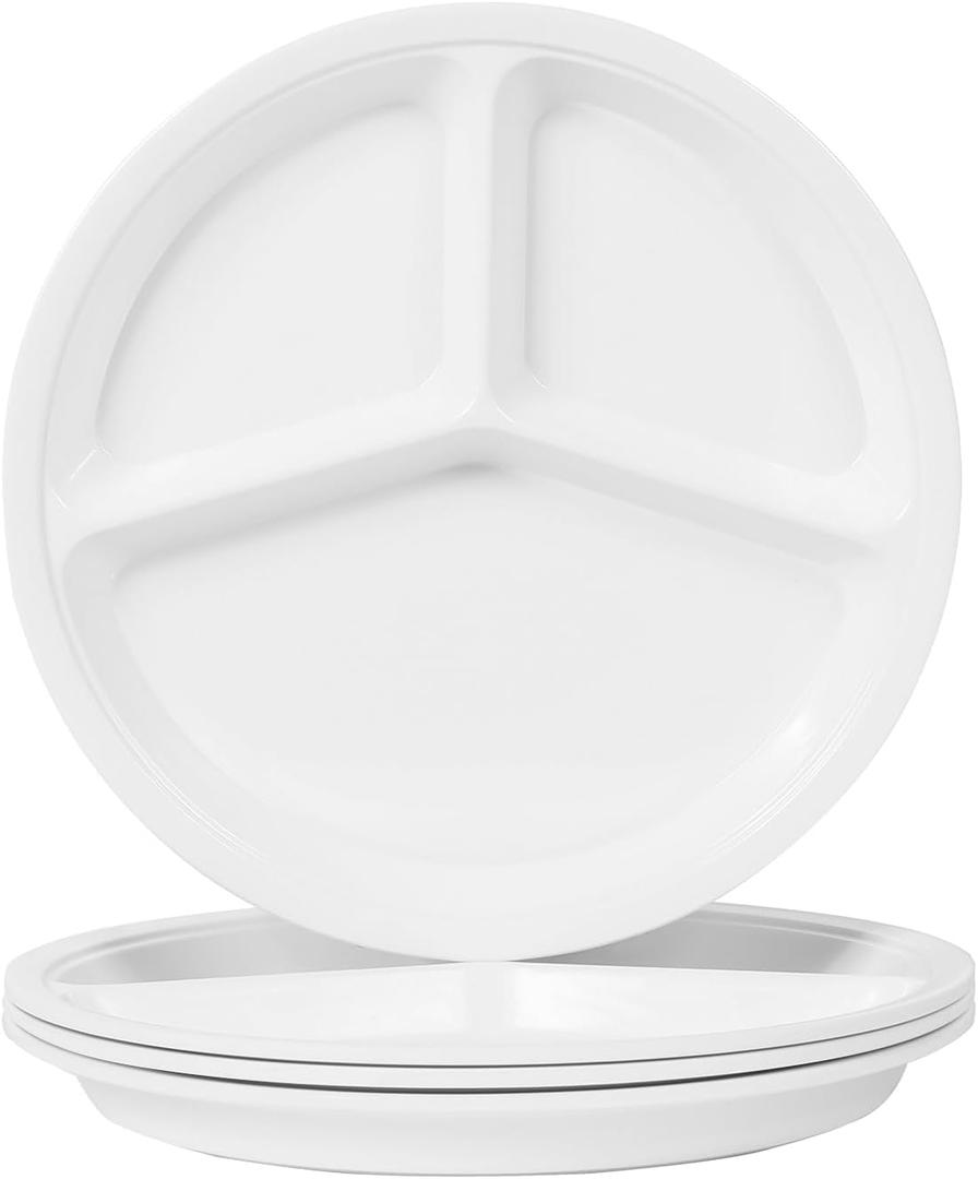 10" 4-Piece Melamine Divided Plates Set Portion Control & Bariatric-Friendly | 3-Compartment Design for Balanced Meals | Dishwasher-Safe White Dinner Plates