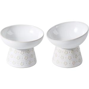 Wide Raised Cat Bowl Set, Elevated Cat Food &Water Dish, Prevent Neck & Whisker Fatigue, Pet Feeder for Cats & Small Dogs(Reactived Glaze - White, Wide x 1 + Tilted x 1)