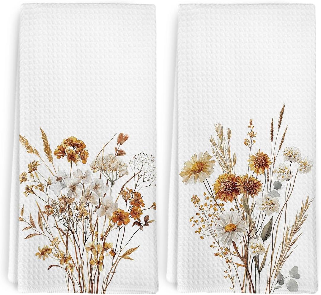 Farmhouse Floral Kitchen Towels Set of 2, Farmhouse Bathroom Decor, Brown Floral Dish Towel, Boho Wildflower Flowers Bohemian Decorative Hand Tea Towels for Bathroom Kitchen Decor, 16x24 Inch