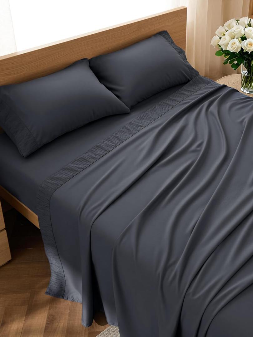 Bedsure Full Size Bed Sheets - 4 Pieces Soft Full Sheet Set - Breathable & Cooling - Hotel Luxury - Easy Care Polyester Microfiber Bedding for Women, Men, Dark Grey