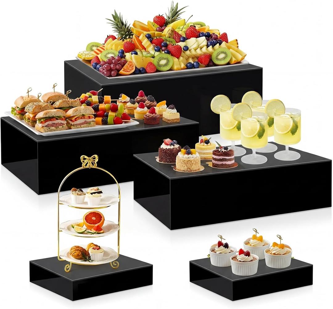 Leinuosen 5 Pcs Extra Large Buffet Risers Set 16 x 8.5 x 5 Inch Rectangle Acrylic Display Box Catering Dessert Table Riser Food Display Decorative Stand with Hollow Bottom for Catering(Black)