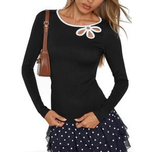 MEROKEETY Womens Trendy Spring Cut Out Tops 2026 Long Sleeve Boat Neck Y2k Slim Fit Casual Going Out T Shirts Blouses Clothes (Black, XL)