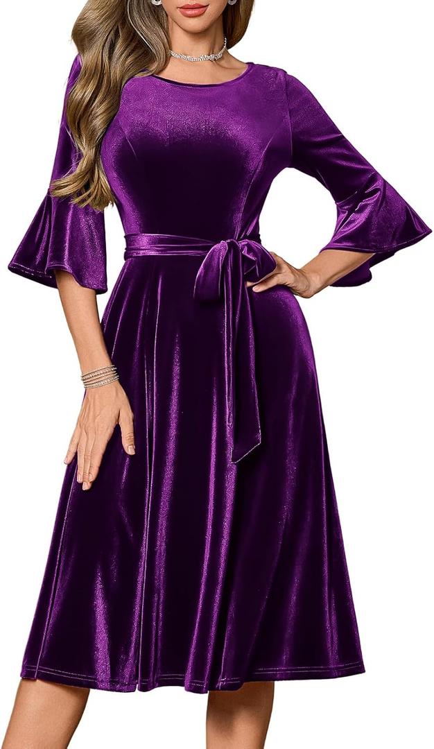 HomRain Women's Long Sleeve Velvet Midi Dresses for Wedding Guest Church Formal Winter Christmas Cocktail Party, Purple