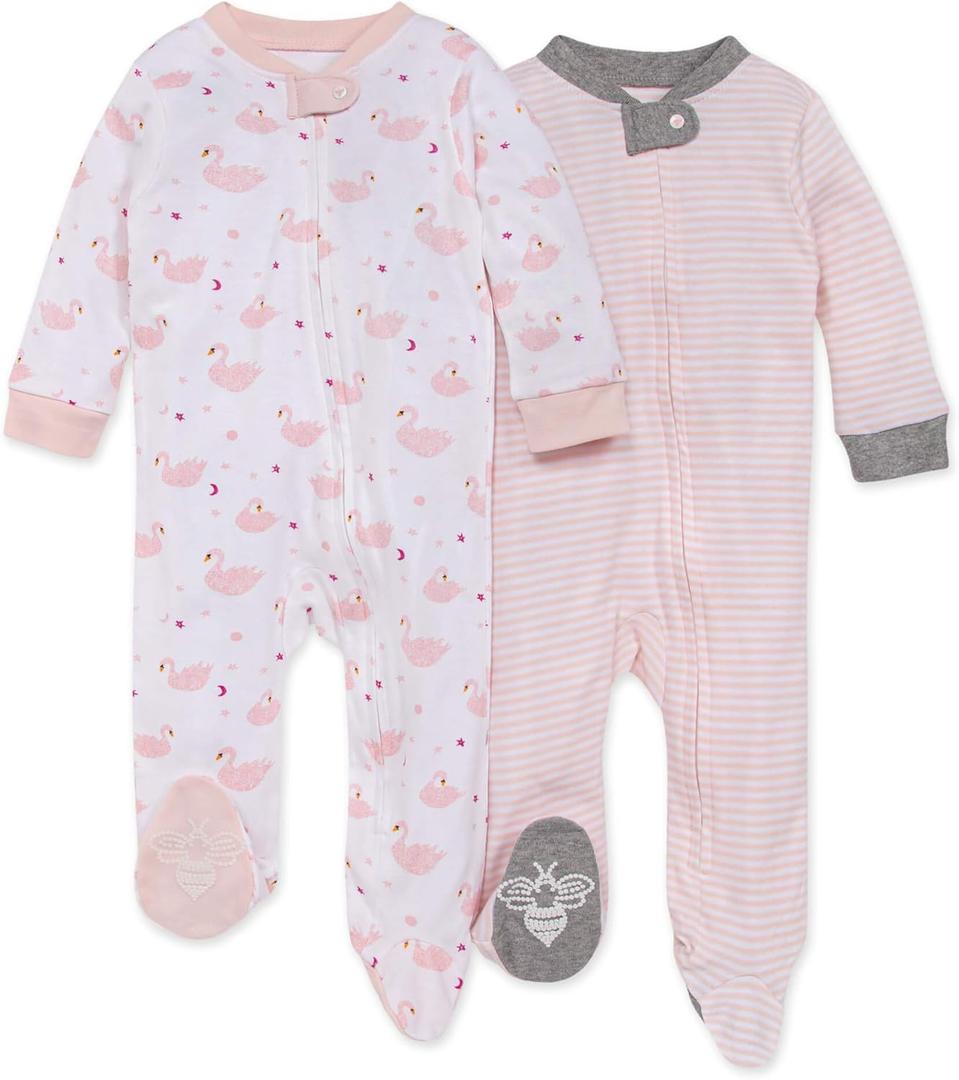 Burt's Bees Baby Baby Girls' 100% Organic Cotton Zip Front One-Piece Sleep & Play Loose Fit Pajamas (Newborn, Graceful Swans 2-pk)