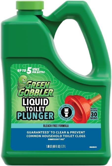 Green Gobbler Liquid Toilet Plunger | Clog Remover | Safe for Toilets and Septic | No Plunger Needed | 5 Uses (60 Fl Oz (Pack of 1))