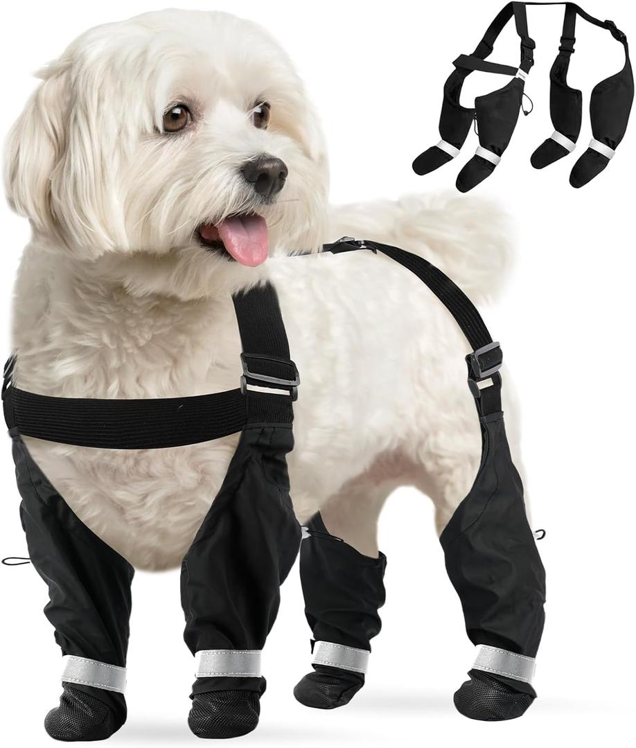 Waterproof Dog Suspender Boots, Reflective Anti-Slip Dog Shoes with Adjustable Straps for Small Dogs, Stay-On Dogs Paw Protector Leggings for Outdoor Walking, Rain & Snow Hiking (Black,S)
