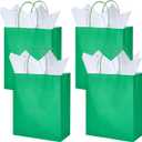 DjinnGlory 24 Pack Medium Green Paper Gift Bags with Handles and White Tissue (10''x8''x4'') for Party Favors Goodies, Small Business, Care Packages (Solid Green)
