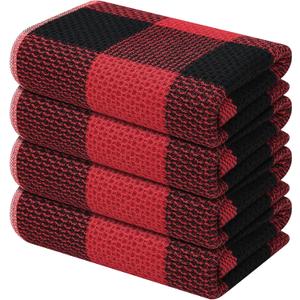 Mordimy 100% Cotton Waffle Weave Kitchen Towels, 13 x 28 Inches, Super Soft and Absorbent Buffalo Check Dish Towels for Drying Dishes, 4-Pack, Black & Red