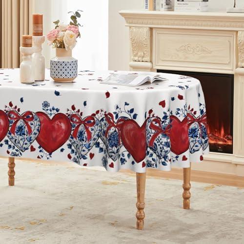 Horaldaily Valentine Tablecloth 60×84 Inch Oval, Romantic‌ Blue and White Porcelain Pattern Red Heart Bows FloralWashable Festive Table Cover for Party Picnic Dinner Decor