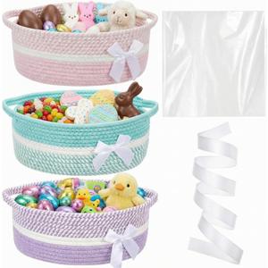 3 Pack Easter Small Bow Woven Basket Empty with Handles Gift Bags and Ribbon 12" x 8" x 5" Gift Baskets to Fill Storage Box Pet Toy Wedding Presents Birthday(Pastel)