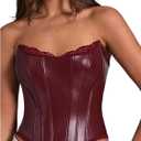 WDIRARA Women's PU Leather Corset Tube Top Lace Up Back Strapless Bandeau Bustier Crop Tops (Red, L)