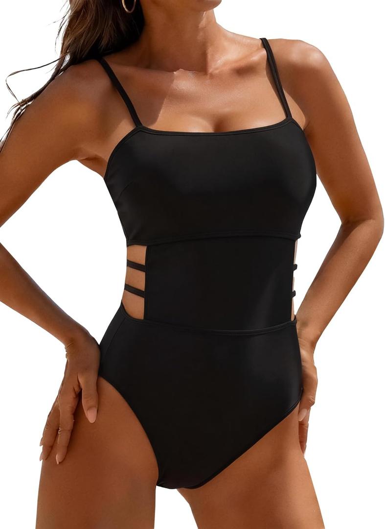 Hilinker Women Cut Out One Piece Swimsuit Slimming Sexy Tummy Control Bathing Suit Swimwear (Black, S)