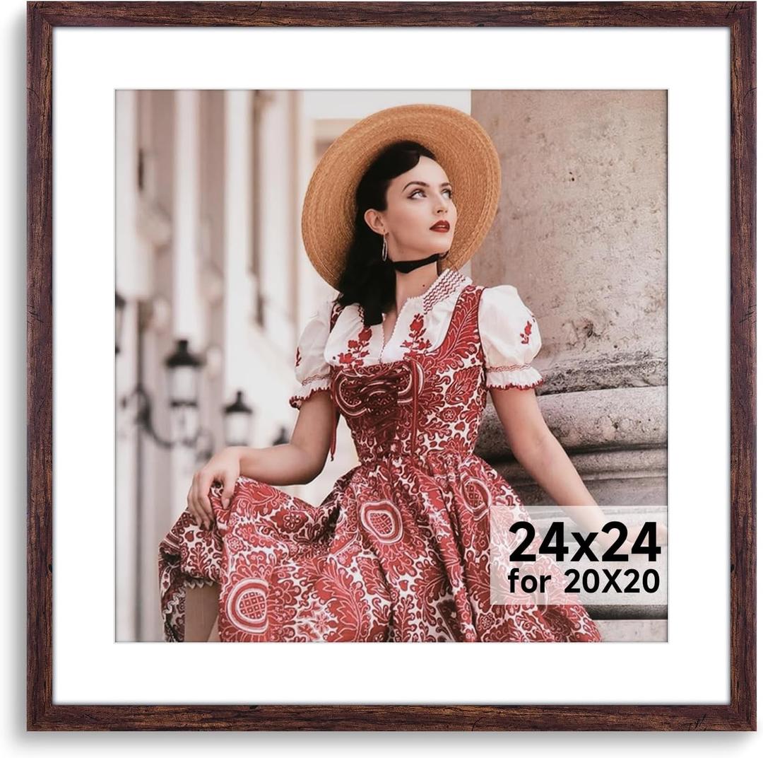 HLiWEGNS Dark Brown 24x24 Frame - Single Frame - Rustic Woodgrain 24 x 24 Poster Frame for Pictures 20x20 with Mat or 24x24 Picture Frame Without mat for Wall Gallery Display