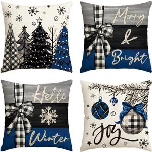AVOIN colorlife Merry Christmas Joy Xmas Trees Blue and Black Throw Pillow Covers, 20 x 20 Inch Christmas Winter Holiday Cushion Case Decoration for Sofa Couch Set of 4