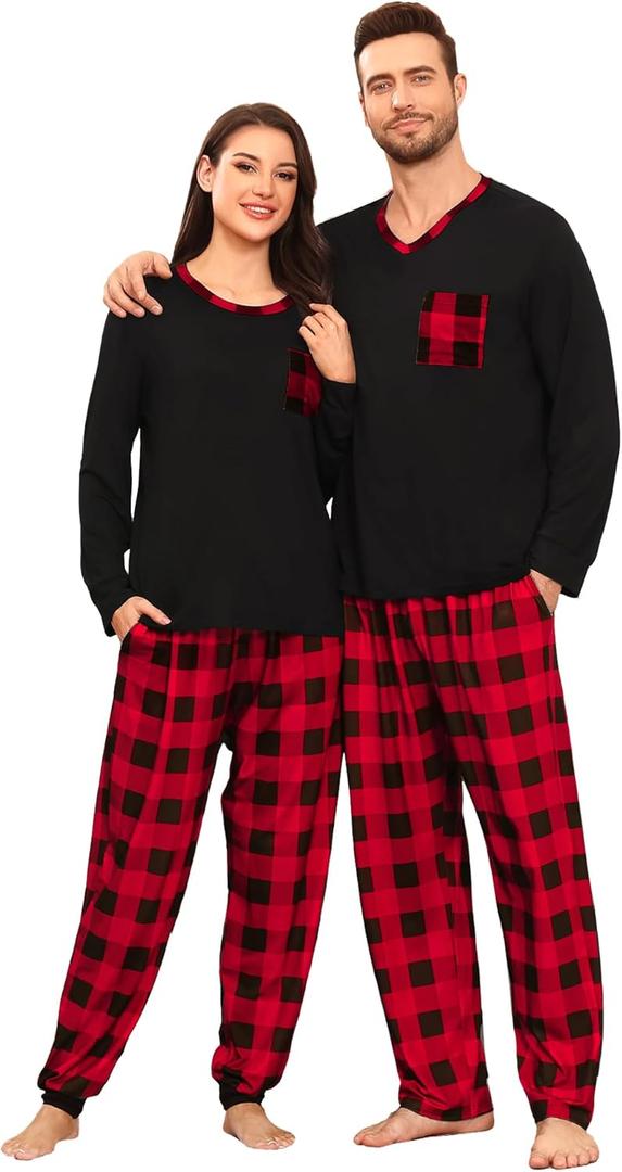SWOMOG Plaid Long Sleeve Christmas Pjs for Men Soft Warm Loungewear with Pocket (X-Large, Red Black Grid)