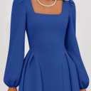 ZESICA Women's Long Sleeve Midi Dresses 2026 Fall Square Neck Swing A Line Wedding Guest Evening Prom Dress (Blue, M)