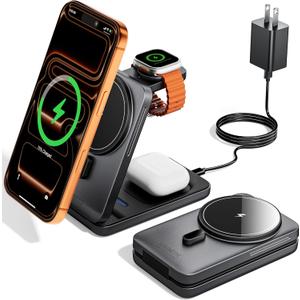 KPON Foldable 3in1 Charging Station for Magsafe, Travel Phone and Watch Charger for Apple, Wireless Charging Dock for Multiple Devices iPhone 17 16 15 14 13 12 Series/Apple Watch/Airpods (Grey)